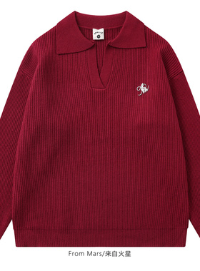 From Mars 浅冬等候 潮ins复古红色简约设计感翻领宽松百搭女毛衣