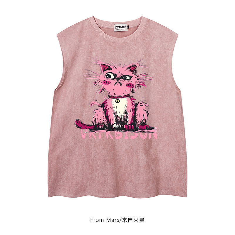 From Mars 粉色野猫 复古夏季运动猫咪印花甜酷风宽松无袖背心BF