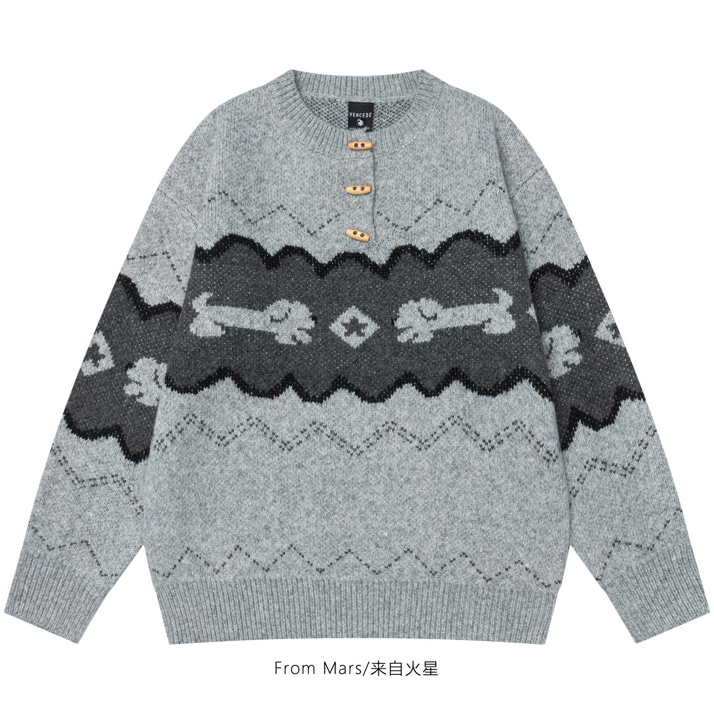 听一下内心提花牛角扣圆领毛衣