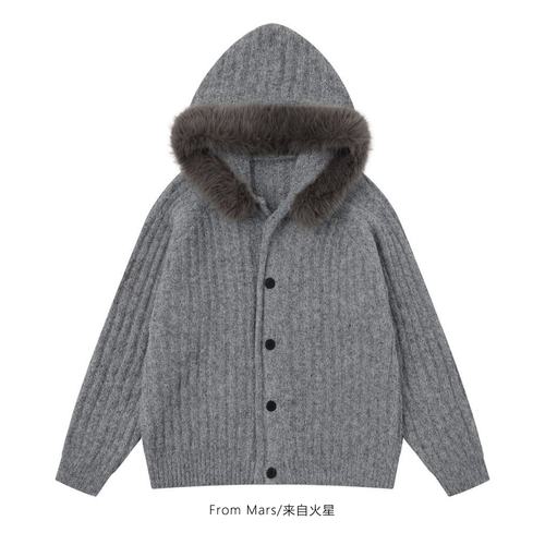 开口就赢毛领开衫连帽毛衣外套