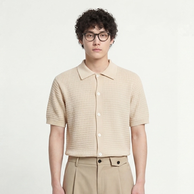 纯色纽扣华夫格针织短袖衬衫