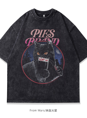 From Mars逃离喧嚣 ins创意猫咪印花夏季宽松洗水短袖T恤男女潮牌