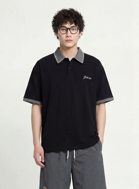 From Mars 格纹撞色领 男女刺绣字母宽松休闲白色短袖上衣Polo衫