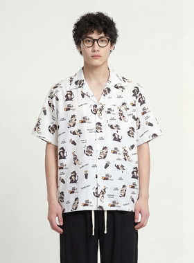 From Mars 探索日记 日系卡通趣味满印休闲宽松男女短袖衬衫国潮