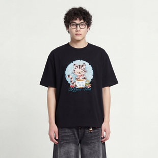 holding coffee Mars shirt sleeved Cat short From cup