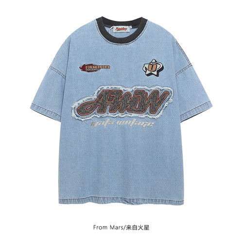 vintage拼接牛仔宽松短袖T恤