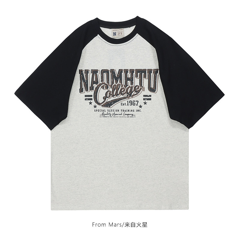 from mars 向梦想前进 复古撞色拼接字母印花短袖t恤宽松休闲情侣