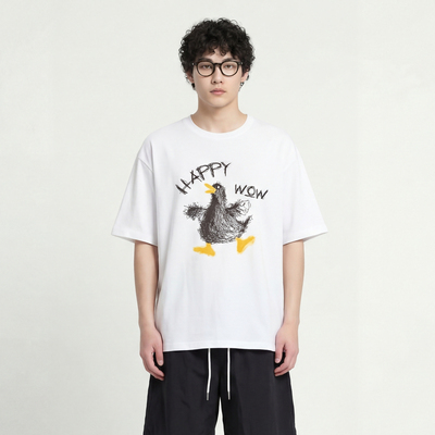 手绘企鹅复古印花短袖T恤重磅