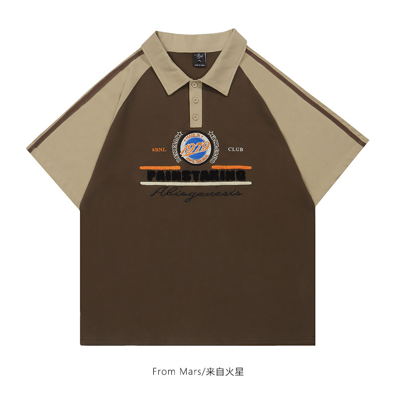 from mars 底线的触碰 潮牌学院风字母刺绣polo衫拼色宽松短袖t恤