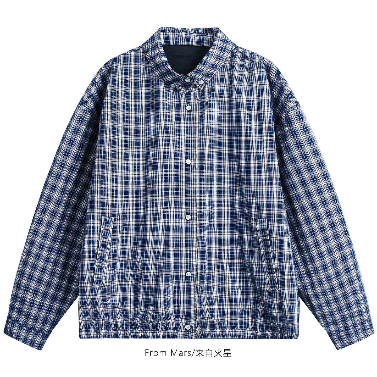 请慢一些宽松蓝格翻领夹克外套