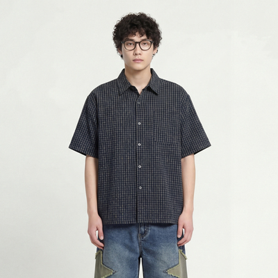 蓝黄格纹口袋简约宽松翻领短袖