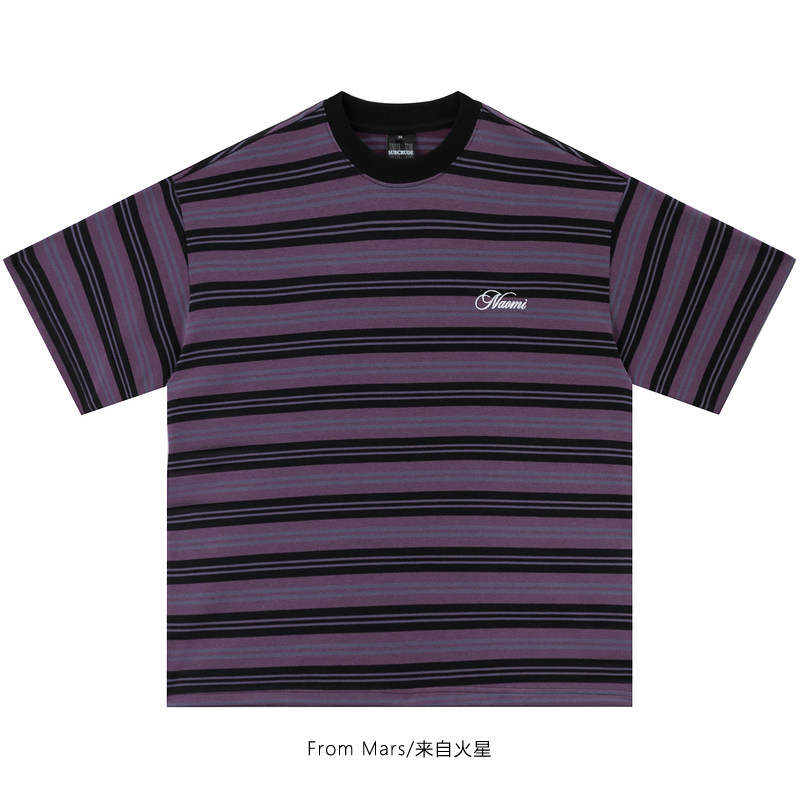 From Mars 十分肯定 美式休闲条纹字母刺绣vintage宽松短袖T恤夏