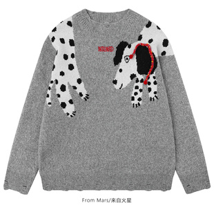 From Mars 仍然前进 小众复古卡通斑点狗宽松圆领女毛衣慵懒上衣