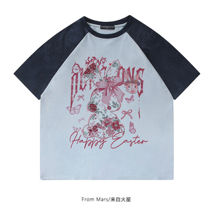 印花vintage夏季 新款 美式 T恤BF 宽松插肩短袖 Mars From 花样兔子