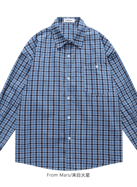 From Mars 复古蓝色 格子长袖衬衫美式休闲衬衣慵懒风宽松翻领潮