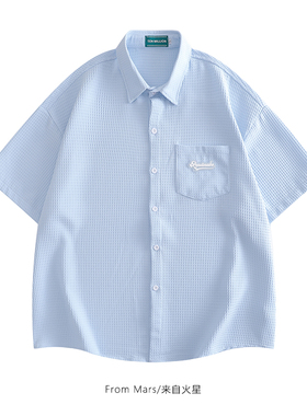 From Mars温柔的风 日系简约纯色华夫格贴标衬衣宽松休闲短袖衬衫