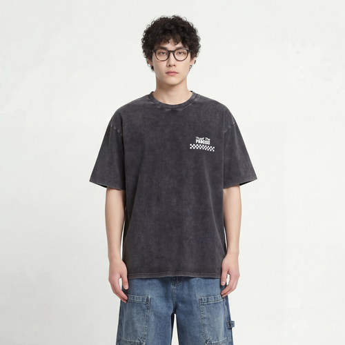 专注当下做旧短袖T恤棋盘格字母