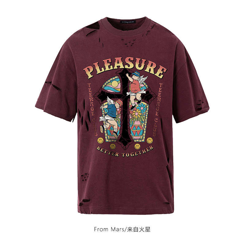 from mars 潮酷风格 复古街头人物字母印花破洞短袖t恤宽松男女潮