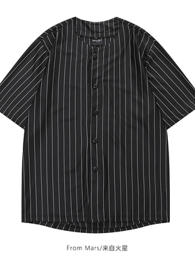 From Mars 黑色魅影 港式潮牌复古夏季条纹宽松休闲男女短袖衬衫