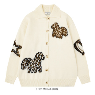 From Mars 往事作序 日系小马提花宽松开衫毛衣翻领外套女百搭BF