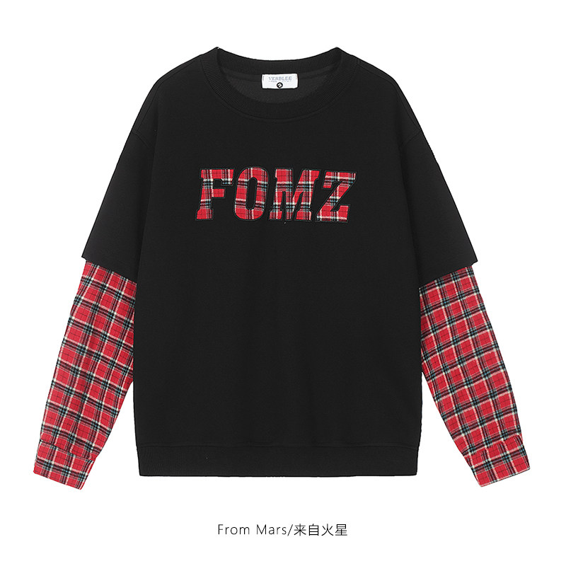 遥远高处拼接假两件格子卫衣