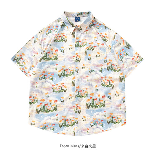 云朵小花翻领短袖衬衫宽松休闲