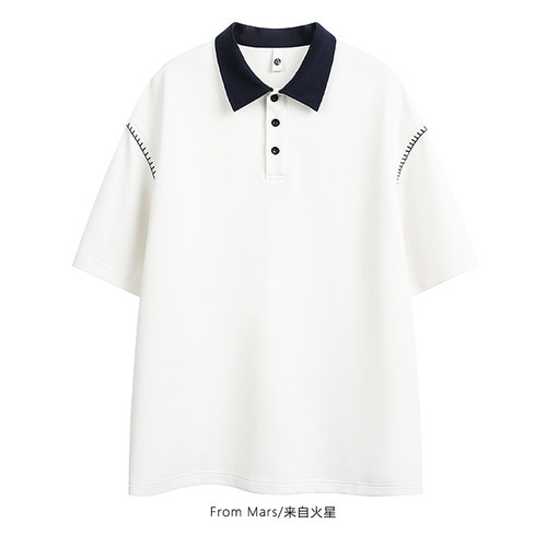 日系潮牌明线拼接翻领短袖polo衫