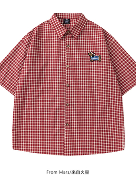 From Mars 出门闲逛 日系复古红色格纹腊肠狗刺绣宽松夏短袖衬衫