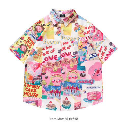 一起过生日卡通印花短袖衬衫