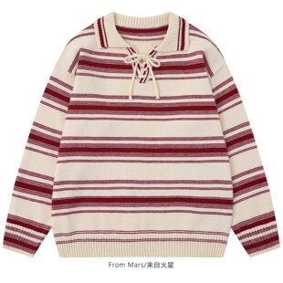 From Mars 感受冬日 学院风新款条纹翻领系带针织衫男女宽松毛衣
