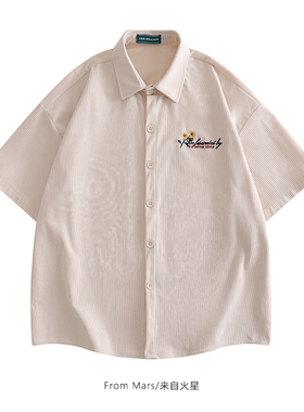 From Mars闪闪向日葵 日系原宿风刺绣灯芯绒衬衫男女宽松短袖衬衣