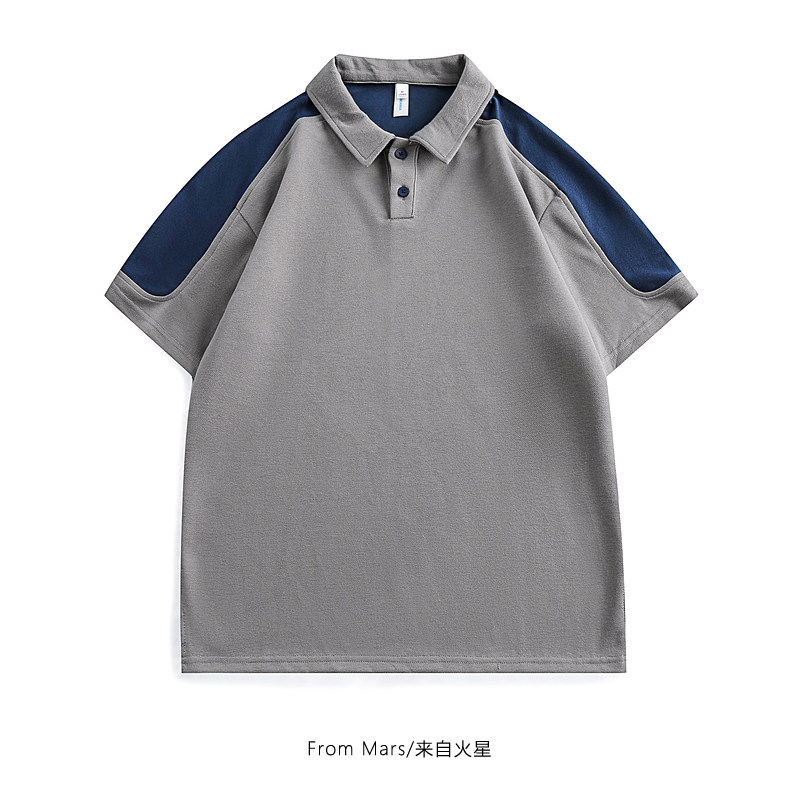 From Mars 重复几遍 国潮设计感拼接POLO衫男女宽松夏季短袖T恤BF