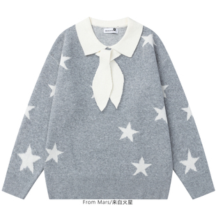 From Mars 不听故事 美式复古星星提花设计宽松休闲翻领情侣毛衣