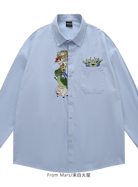 From Mars 韩系蓝色 卡通刺绣长袖衬衫美式复古宽松休闲衬衣文艺