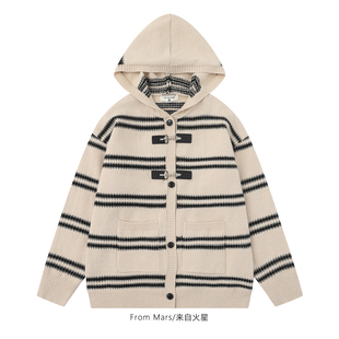 From Mars 松弛一天 日系条纹宽松休闲飞机扣连帽开衫毛衣外套女