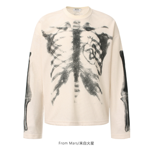 高街创意印花嘻哈情侣宽松长袖 From 美式 罕见骷髅 T恤休闲BF Mars