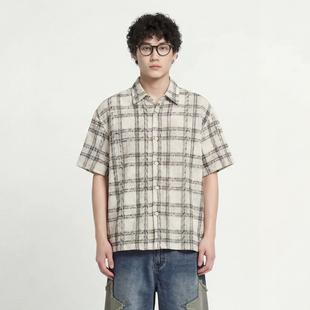 From Mars 墨染织格 黑白肌理感宽松翻领短袖休闲上衣男女潮衬衣