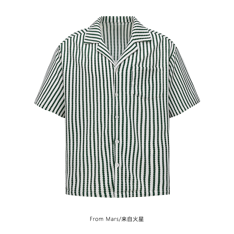 条纹设计感宽松古巴领短袖衬衫