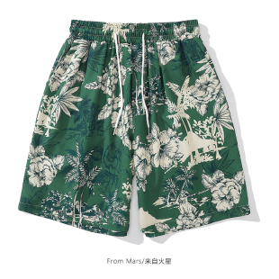 宽松夏威夷沙滩裤 国潮复古花卉印花直筒短裤 Mars茂密丛林 From