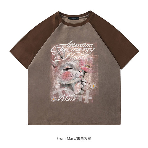 兔子印花vintage宽松圆领短袖T恤