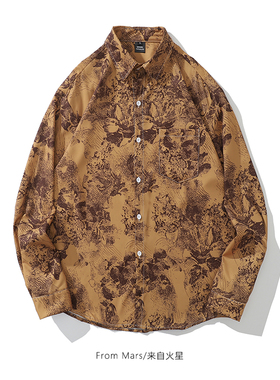 From Mars蛛丝马迹不放过 国潮复古旧迹满印做旧黄色翻领长袖衬衫