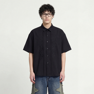 FromMars Pure white branches embroidered short-sleeved shirt