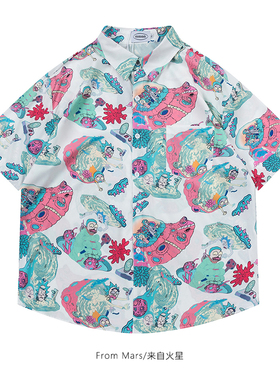 From Mars 默默注视 美式潮牌创意卡通满印翻领短袖花衬衫宽松夏