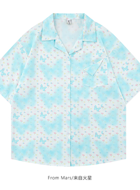 From Mars 蓝色的蝴蝶 港风复古满印短袖衬衫男女潮牌宽松bf衬衣