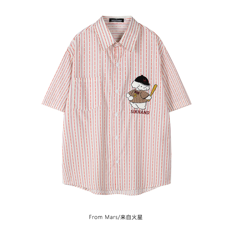 纹刺绣宽松情侣短袖衬衫ins潮牌
