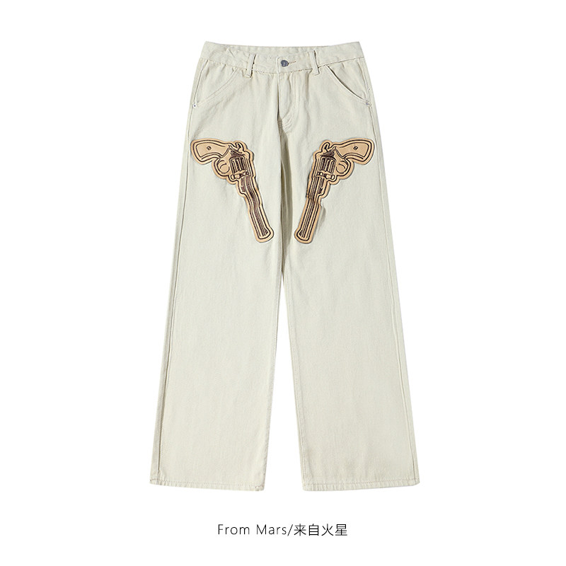 from mars双枪插兜 欧美高街刺绣贴皮手枪直筒牛仔裤宽松阔腿长裤
