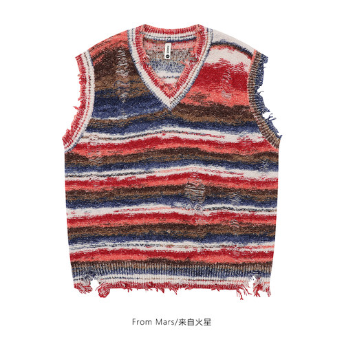 红色晚霞V领背心宽松破洞针织