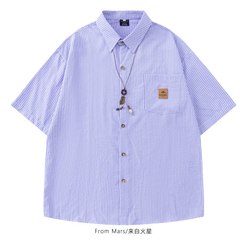 条纹挂饰宽松短袖衬衫小众户外
