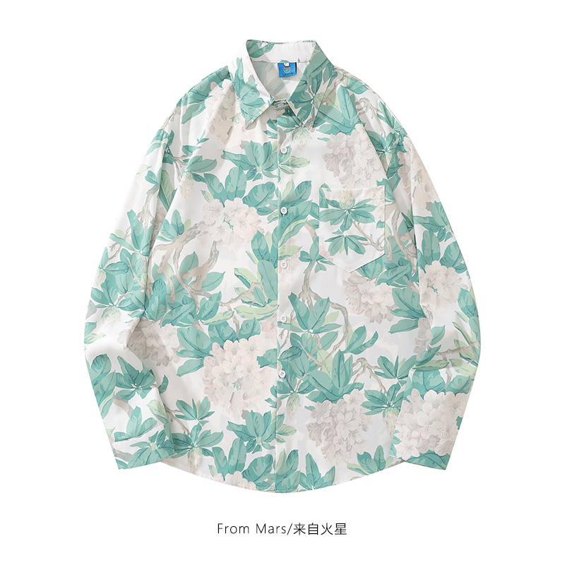 From Mars淡雅绣球花 国潮复古花卉满印长袖衬衣宽松痞帅休闲衬衫