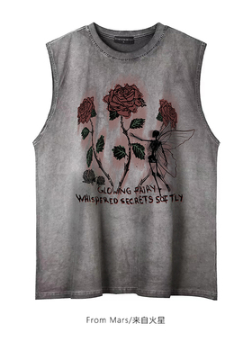 From Mars 红色玫瑰 美式复古花卉印花做旧无袖背心宽松情侣上衣
